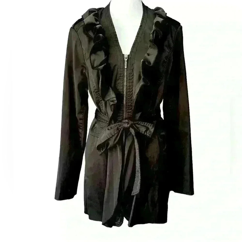 Dalia Collection Black Ruffle Zip & Tie Trench RainCoat Jacket. Sz M/L - PTP 21